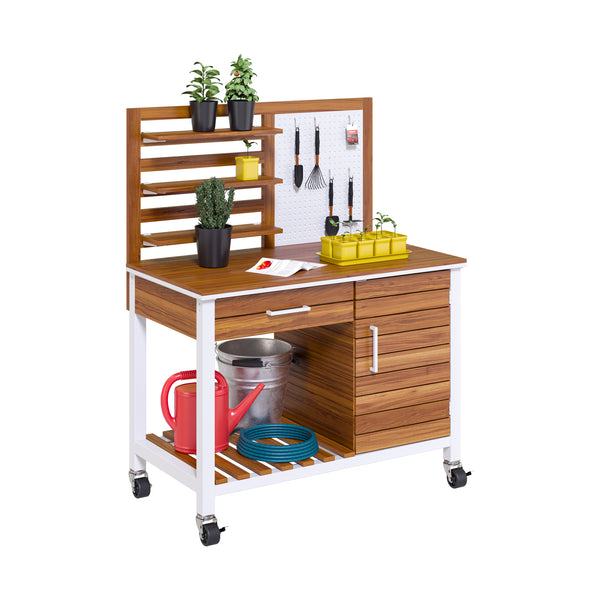 HOME Outdoor Acacia Wood Mobile Potting Bench
