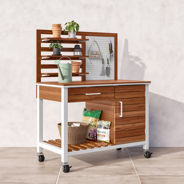 HOME Outdoor Acacia Wood Mobile Potting Bench