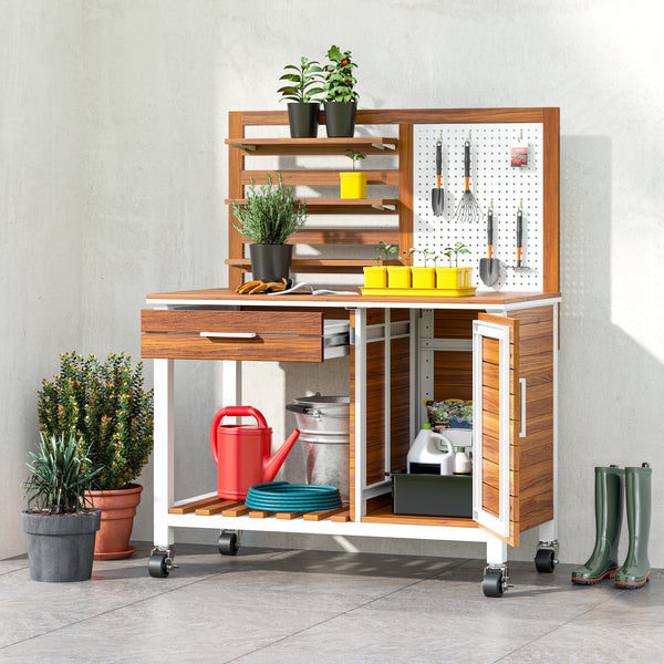 HOME Outdoor Acacia Wood Mobile Potting Bench