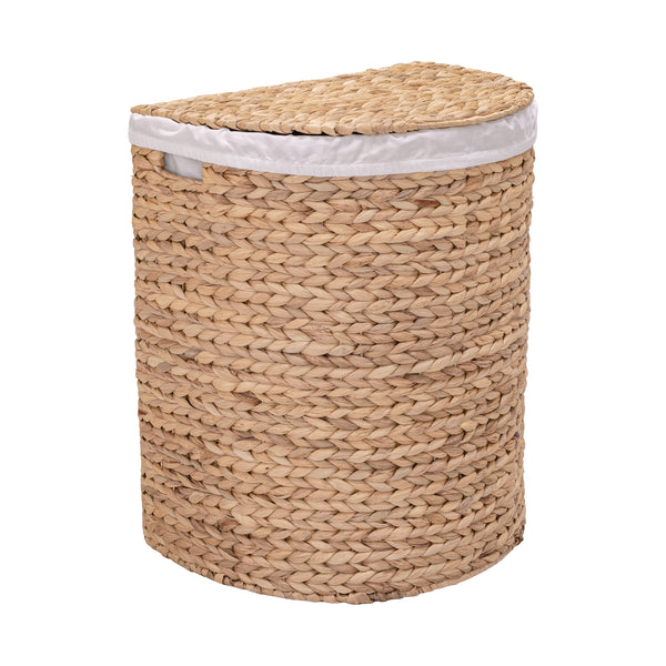 A cylindrical woven seagrass or straw laundry hamper basket with a matching woven lid, lined with a white fabric bag, shown on a plain white background.