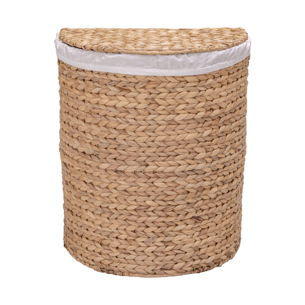 A natural woven water hyacinth laundry hamper with a matching woven lid and a white fabric liner visible at the top, shown on a plain white background.