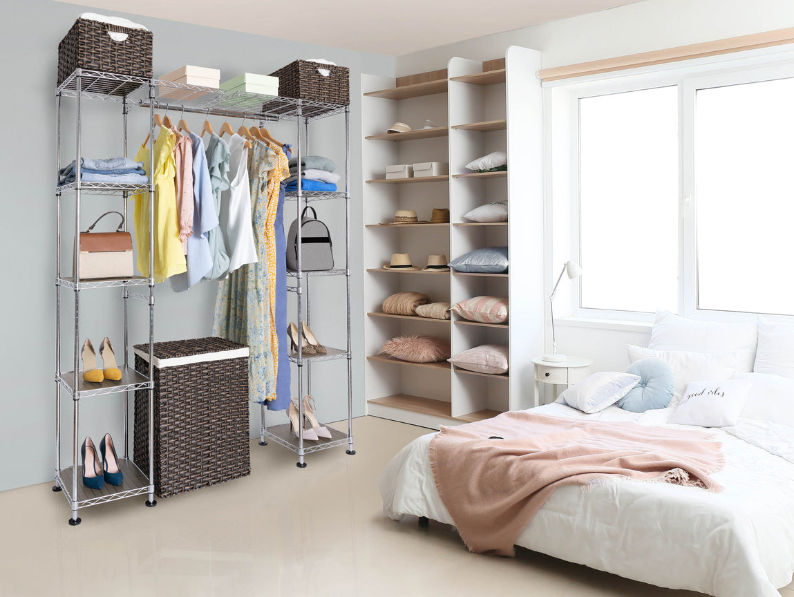 Freestanding Closet Organizer with 6 Shelves and Hanging BarWhite