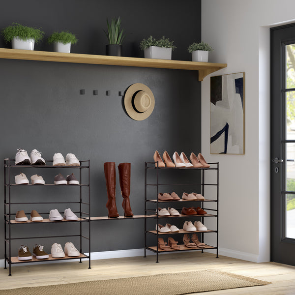 Stacked white oak shoe rack in entryway