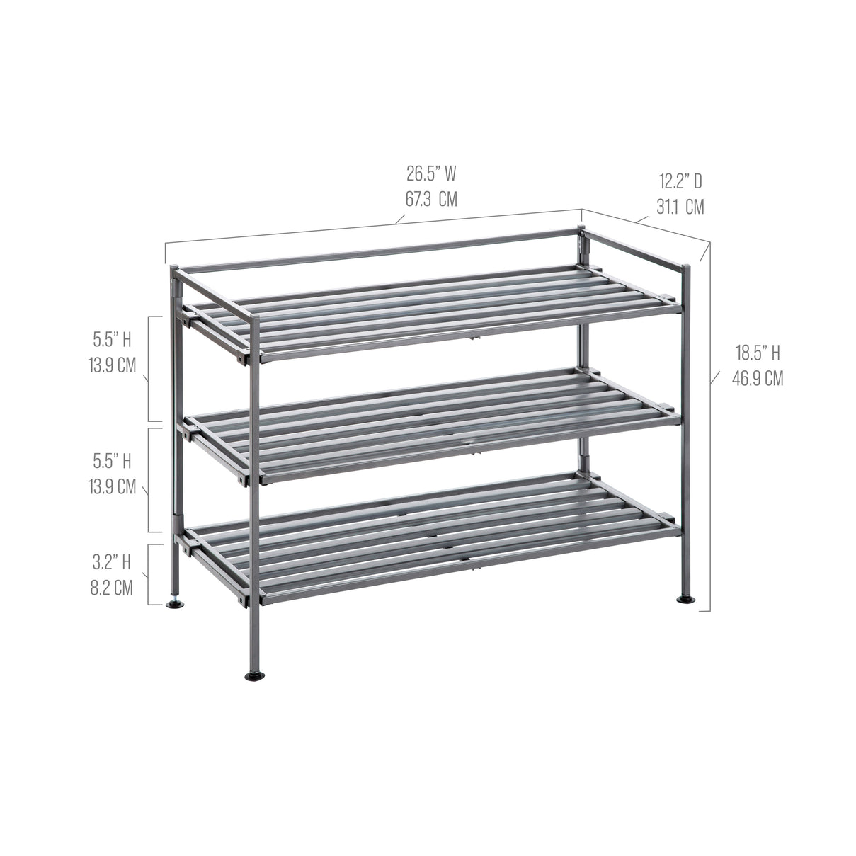 3-Tier Resin Slatted Shoe Rack, Ash Gray