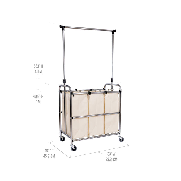 Rolling 3-Bag Steel Laundry Sorter w/ Hanging Bar