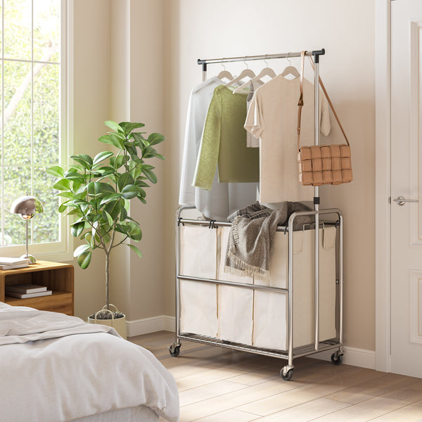 Rolling 3-Bag Steel Laundry Sorter w/ Hanging Bar