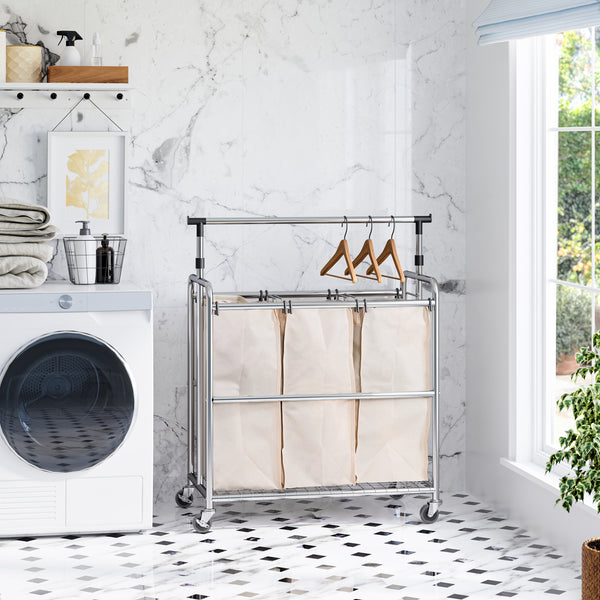Rolling 3-Bag Steel Laundry Sorter w/ Hanging Bar