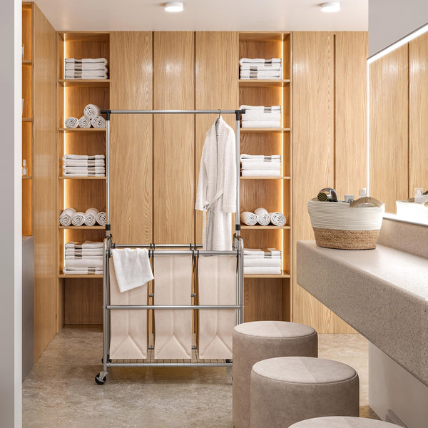 Rolling 3-Bag Steel Laundry Sorter w/ Hanging Bar