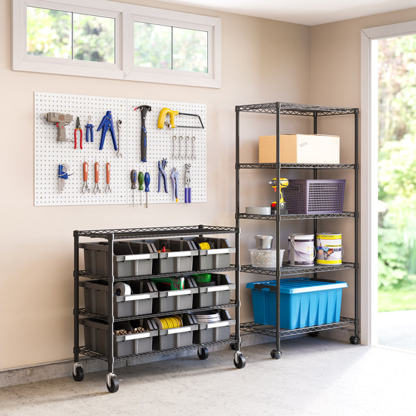 Garage organization system with shelves, tool pegboard, and storage bins.