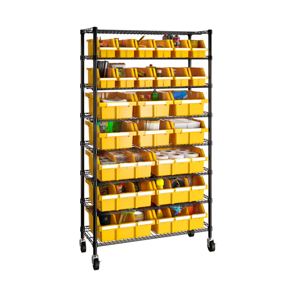Propped yellow bin rack on white background