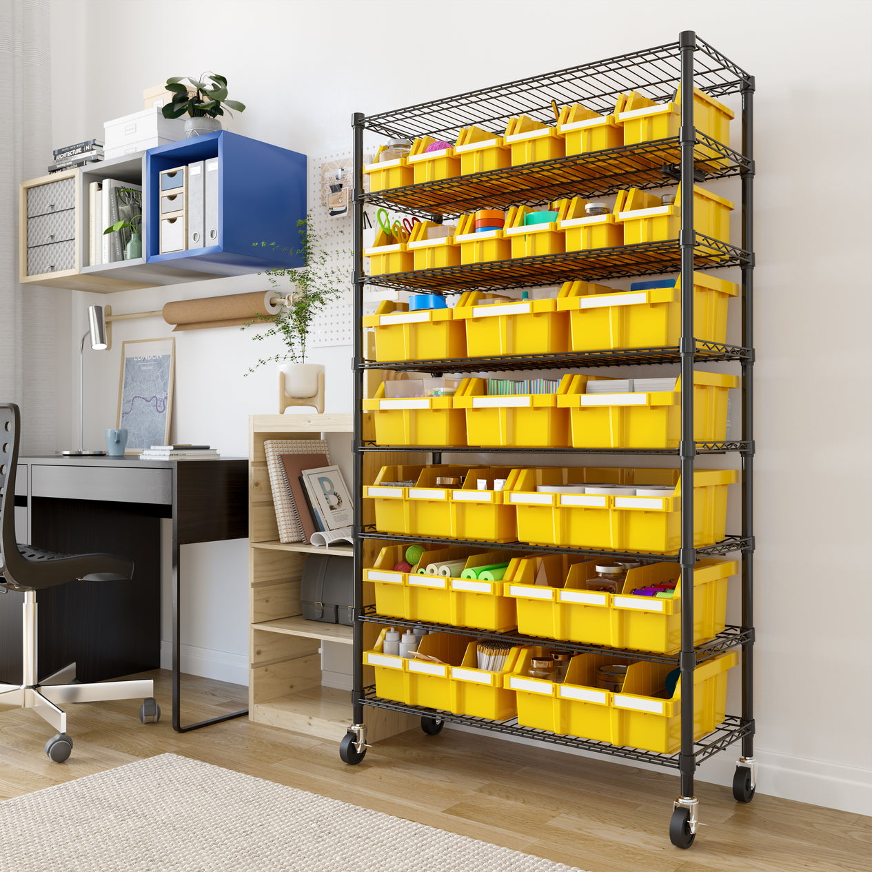 Yellow Bin Rack in office setting