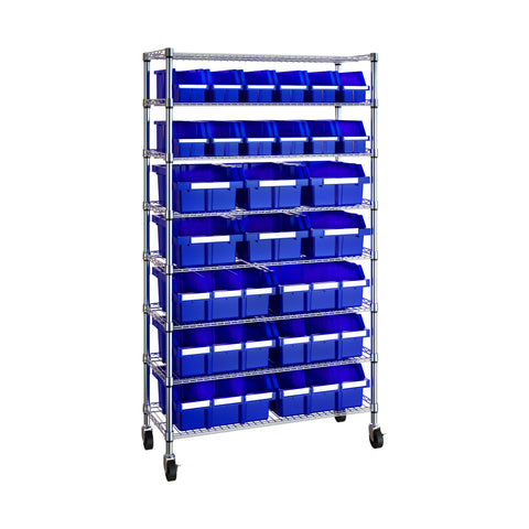 Blue bin rack on white background