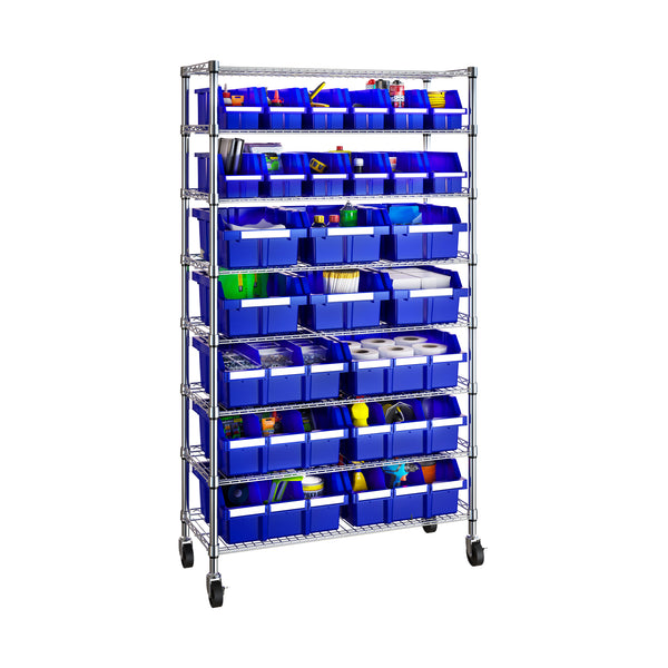 Propped blue bin rack on white background
