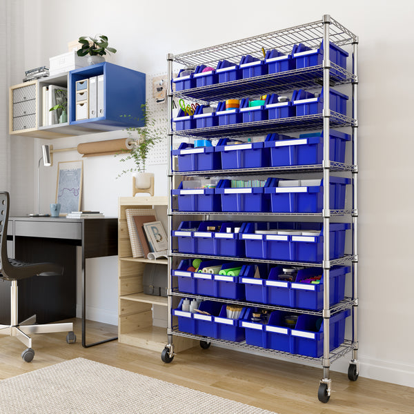 Blue bin rack in office setting