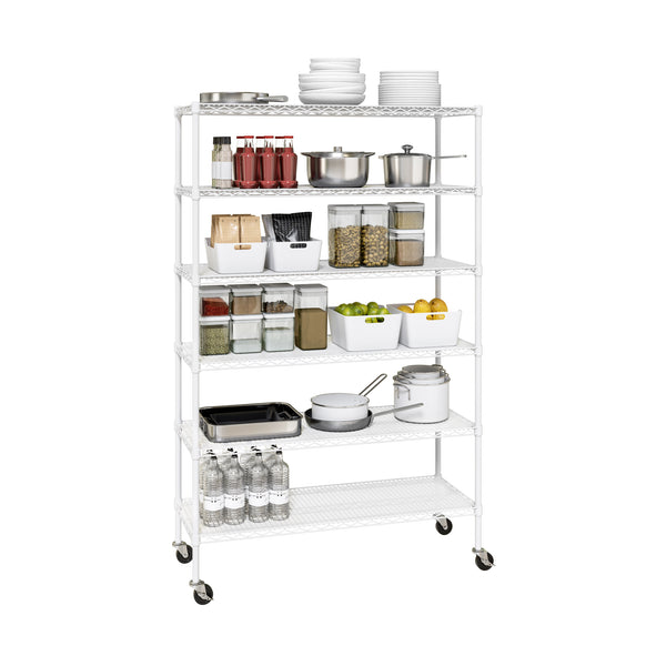 White shelf propped with kitchen supplies