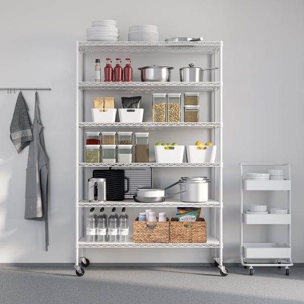 White shelf propped with kitchenware