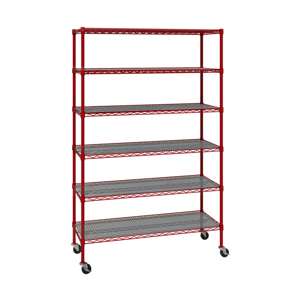 Angled view of red shelf on white background
