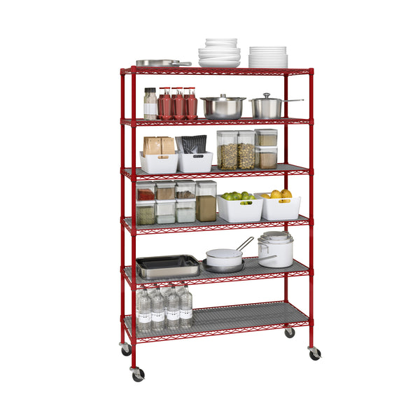 Red shelf propped with kitchen supplies