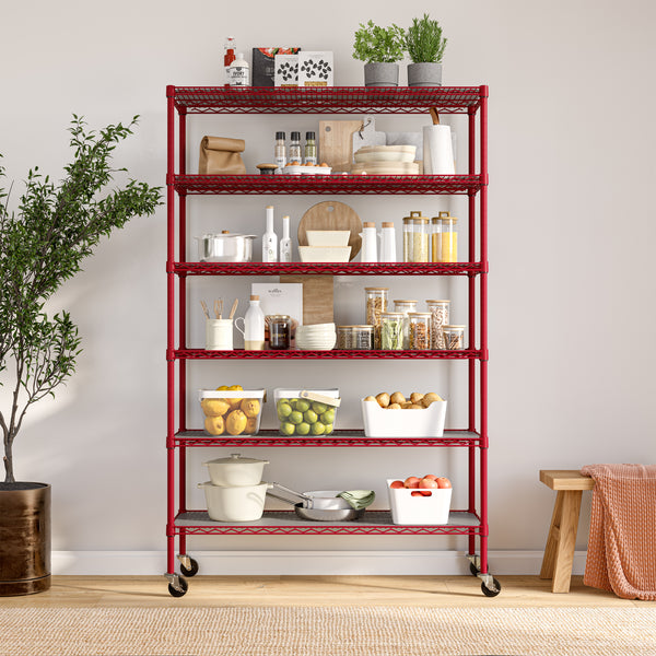 Red shelf propped with kitchenware