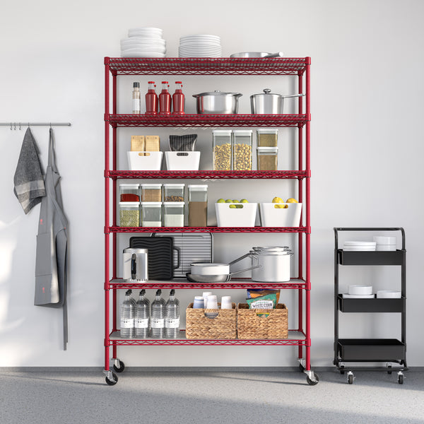Red shelf propped with kitchenware