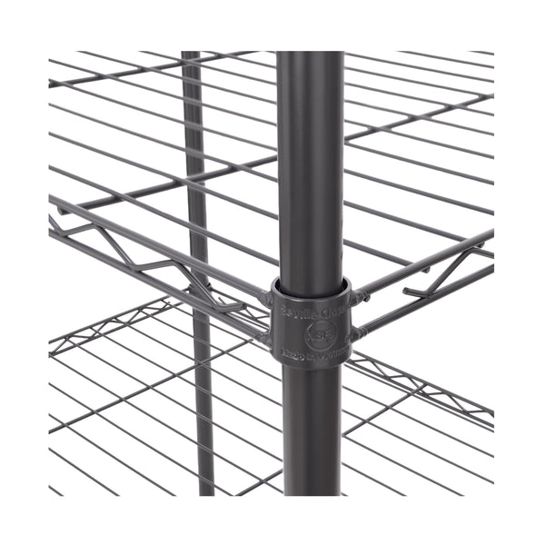 Close up of metal wire shelving unit with a black support post on a white background