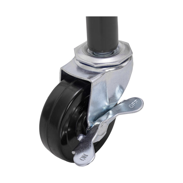 Black caster wheel with metal brake on a white background