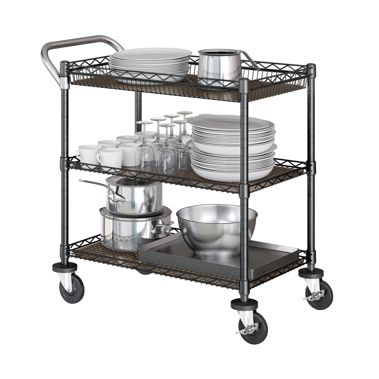 Utility cart propped with kitchen supplies