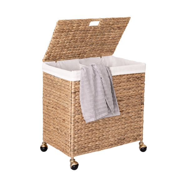 Natural Handwoven Lidded Double Laundry Hamper with Gold Sphere Casters