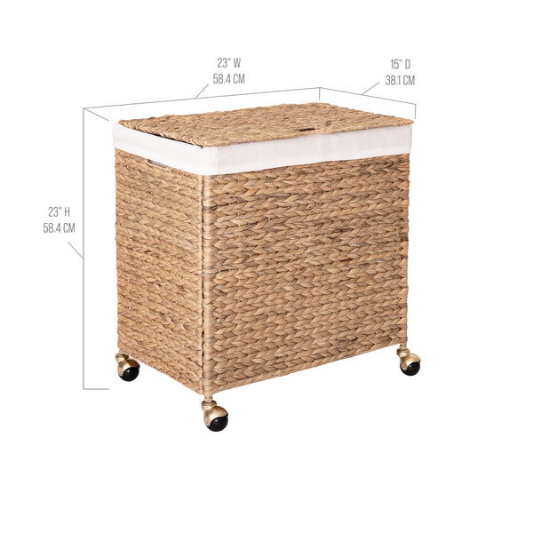 Natural Water Hyacinth Handwoven Lidded Double Laundry Hamper with Gold Sphere Casters