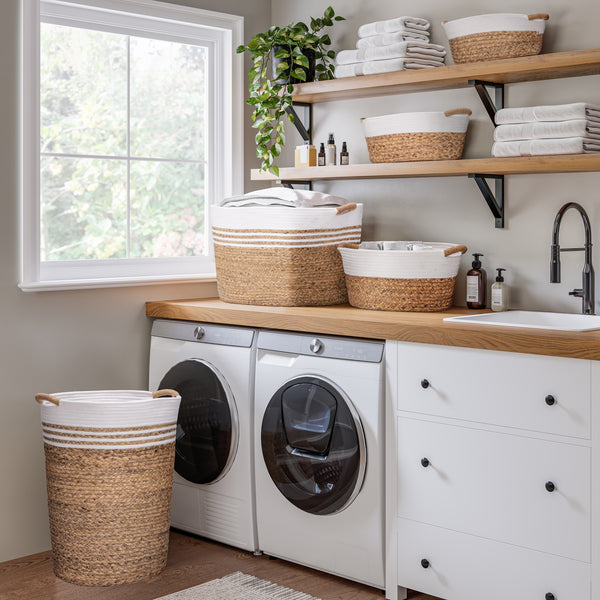 Natural Water Hyacinth and Rope Round Hamper with Liner