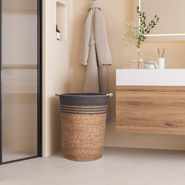 Natural Water Hyacinth and Rope Round Hamper with Liner