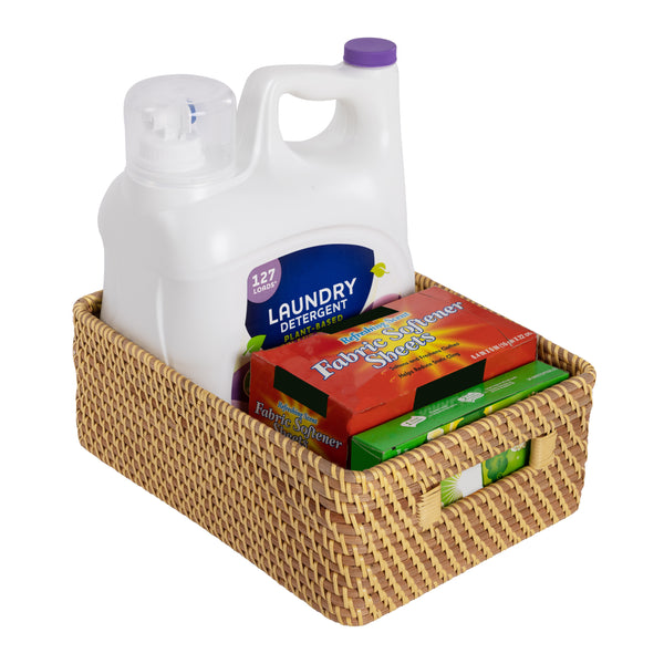 Large basket propped with laundry supplies