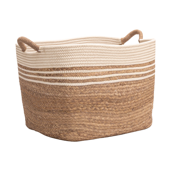 A woven storage basket with two rope handles, featuring a striped pattern in natural jute, cream, and light brown on a white background.