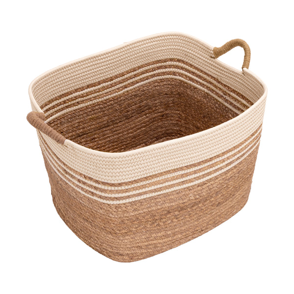 A woven storage basket with a natural jute base, cream-colored striped upper rim, and integrated rope handles, shown on a solid white background.