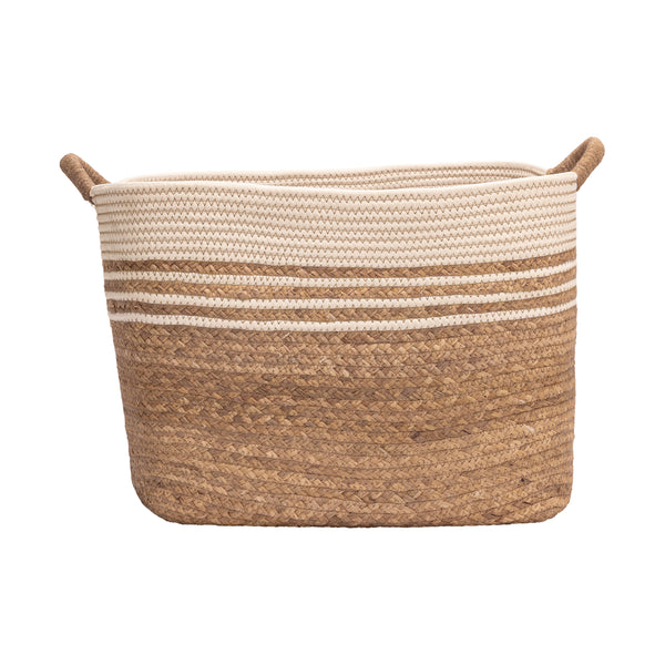 A woven storage basket with two side handles, featuring a natural brown base that transitions into cream and off-white horizontal stripes near the top, set against a plain white background.