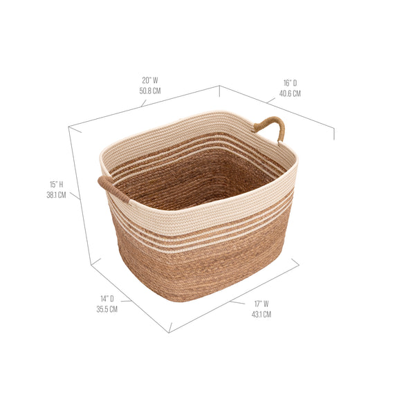 A woven storage basket with dimension callouts showing its measurements: 20" W, 15" H, 16" D, 14" D, and 17" W, on a plain white background.