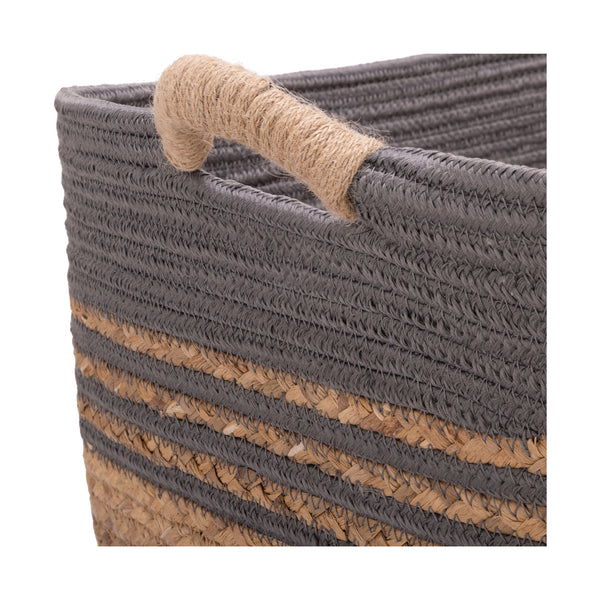 Close-up of a woven storage basket with a dark gray body, natural beige horizontal stripes, and a matching natural jute handle on a white background.