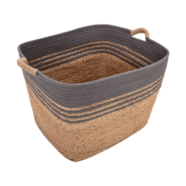 A rectangular woven storage basket with a natural tan water hyacinth body, a dark gray braided rim, and two looped rope handles, shown on a plain white background.