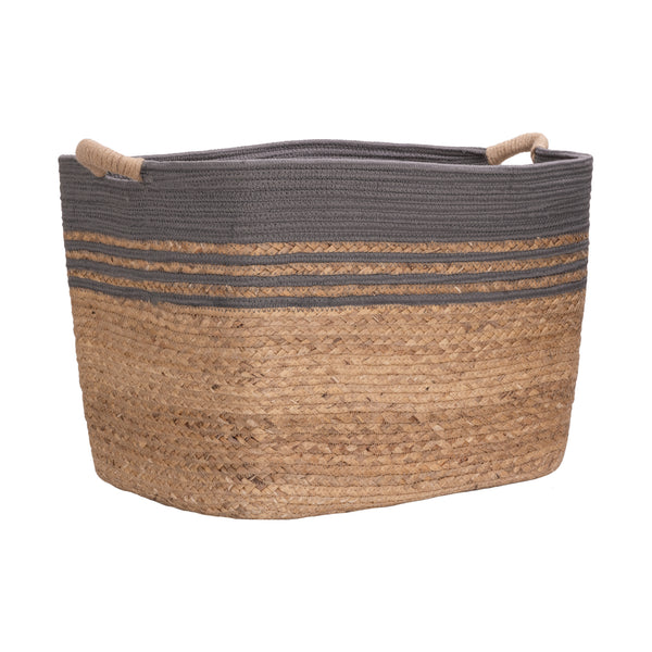 Gray oven storage baskets with rope handles, featuring a natural jute lower half, gray horizontal stripes through the middle, and a gray woven top rim, shown on a white background.