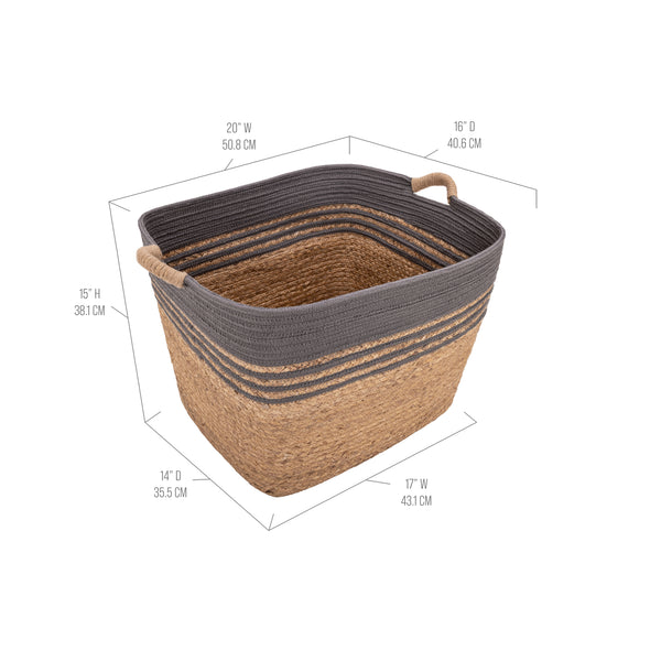 A woven storage basket with dimension callouts showing its height, width, and depth on a plain white background.