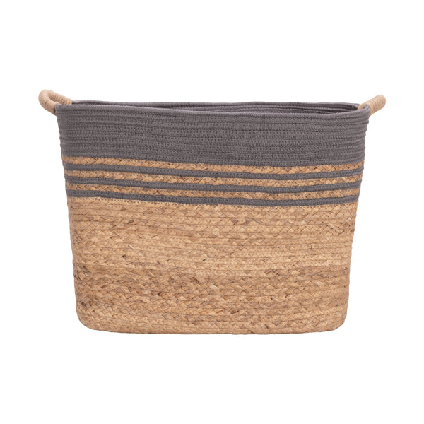 A rectangular woven storage basket with a natural water hyacinth body, a dark gray braided top band with horizontal stripe details, and two handles on the sides, shown against a plain white background.