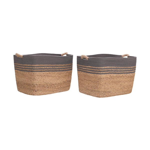 Two woven storage baskets with gray upper sections and natural tan woven bases, each featuring a small rope handle, shown on a plain white background.