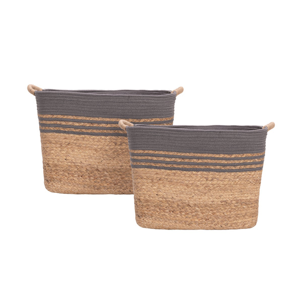 Two woven storage baskets with a dark gray top section, thin horizontal tan stripes, and a natural beige braided body, shown on a plain white background.
