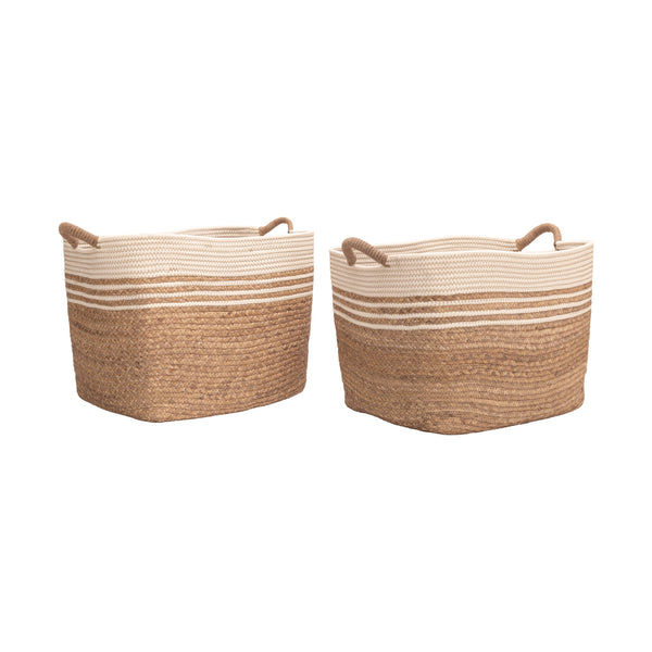 Two woven storage baskets with rope handles, featuring a natural jute lower half, cream horizontal stripes through the middle, and a cream woven top rim, shown on a white background.