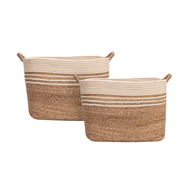 Two woven storage baskets with integrated handles, featuring a striped pattern in natural water hyacinth, tan, and cream, set against a plain white background.