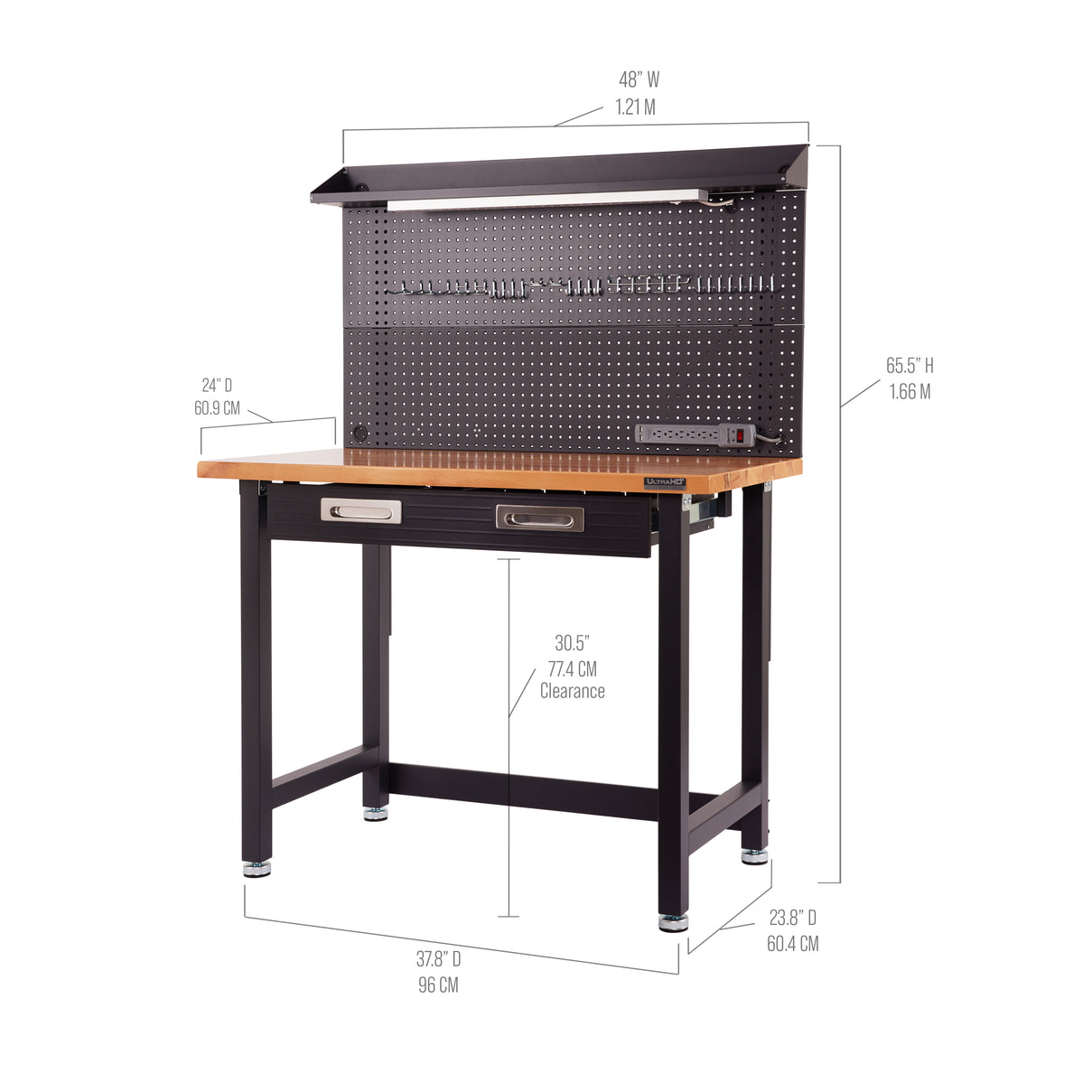 UltraHD® Lighted Workcenter w/ Wood Top and Pegboard, Graphite