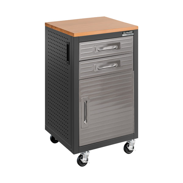 Gray metal storage cabinet with wooden top on a white background