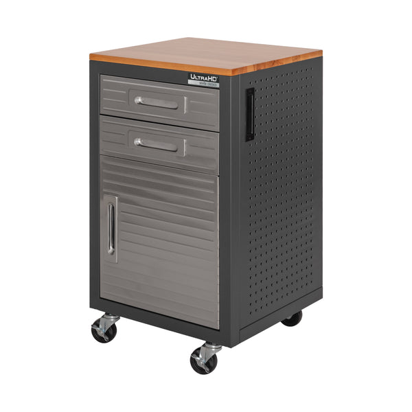 Graphite mobile workcenter with wooden top on a white background