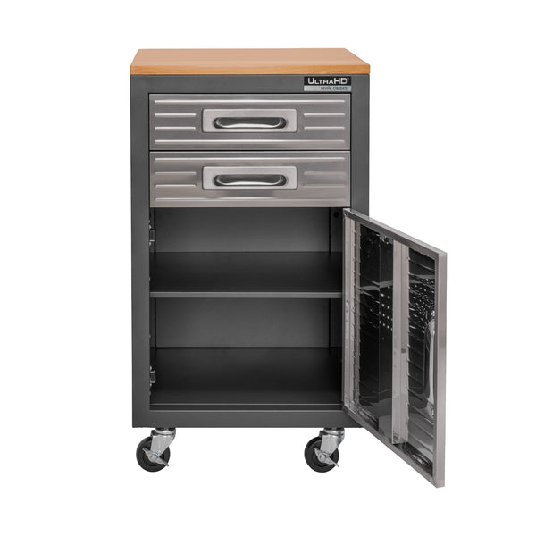Rolling workcenter with open door to showcase inside shelf