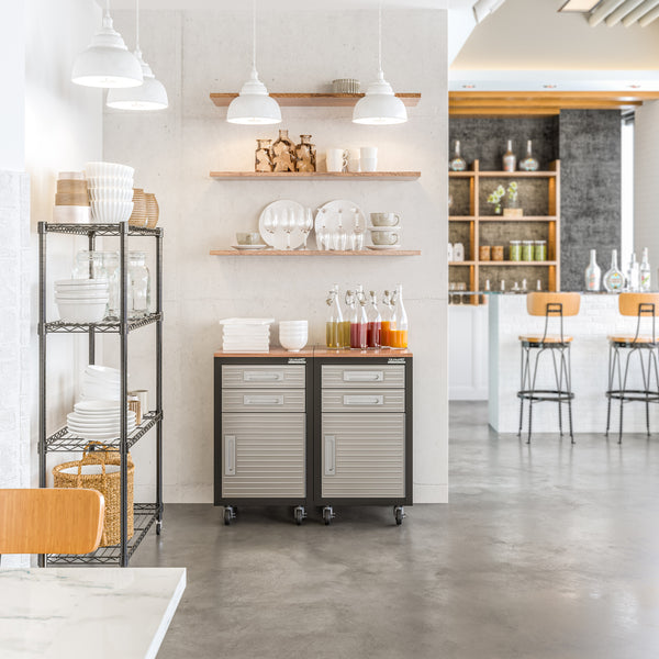 Modern kitchen with storage cabinets, shelves, and bar stools.